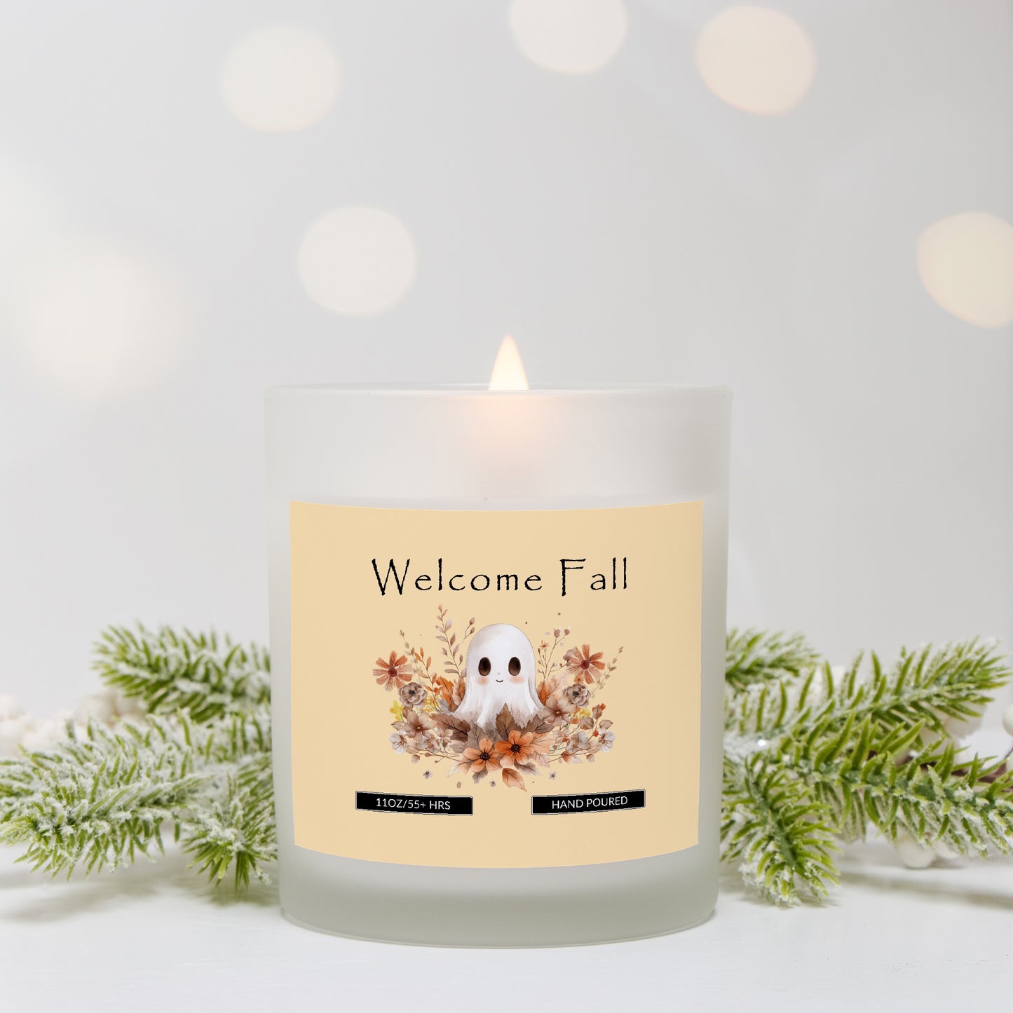 Welcome Fall, Cute Ghost Fall Leaves Florals, Many Scents/WoodWick, Frosted Glass (Hand Poured 11 oz)
