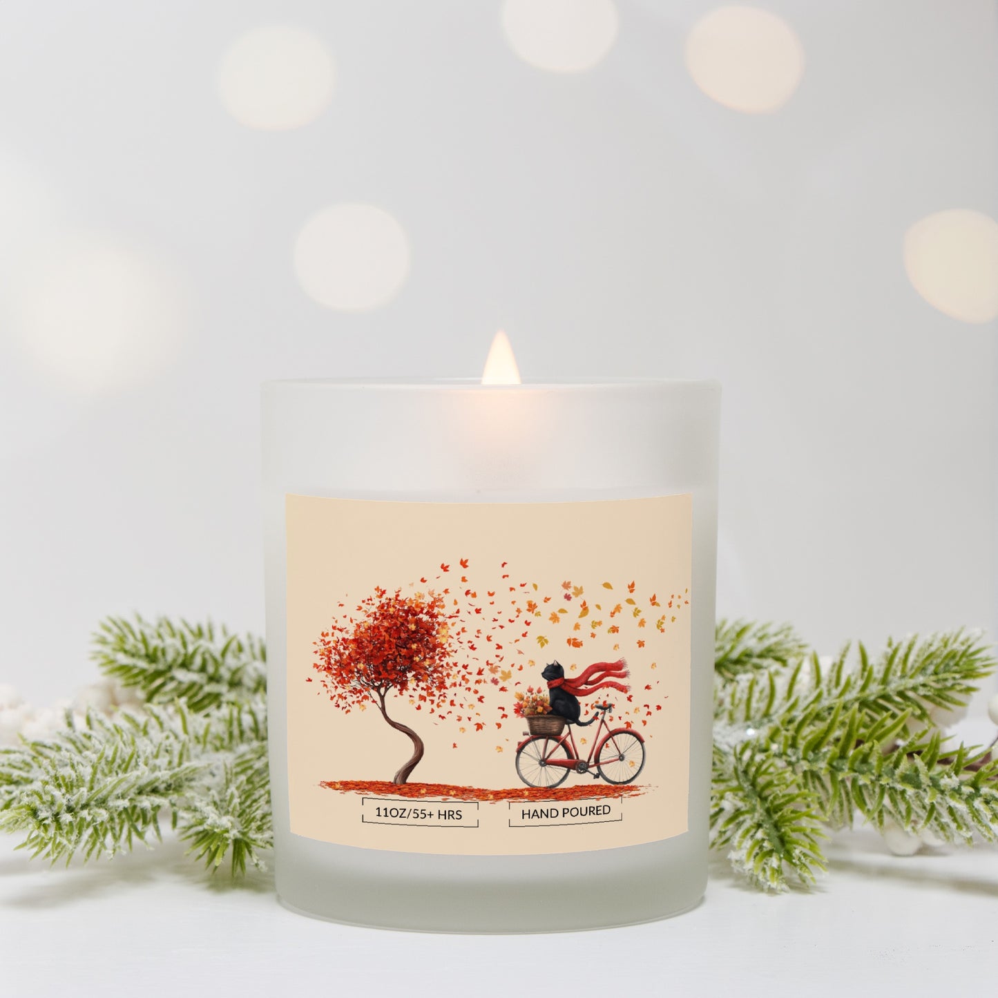 Adorable Fall Black Cat Falling Leaves Frosted Glass Candle/Bamboo Lid, Wood Wick (Hand Poured 11 oz)