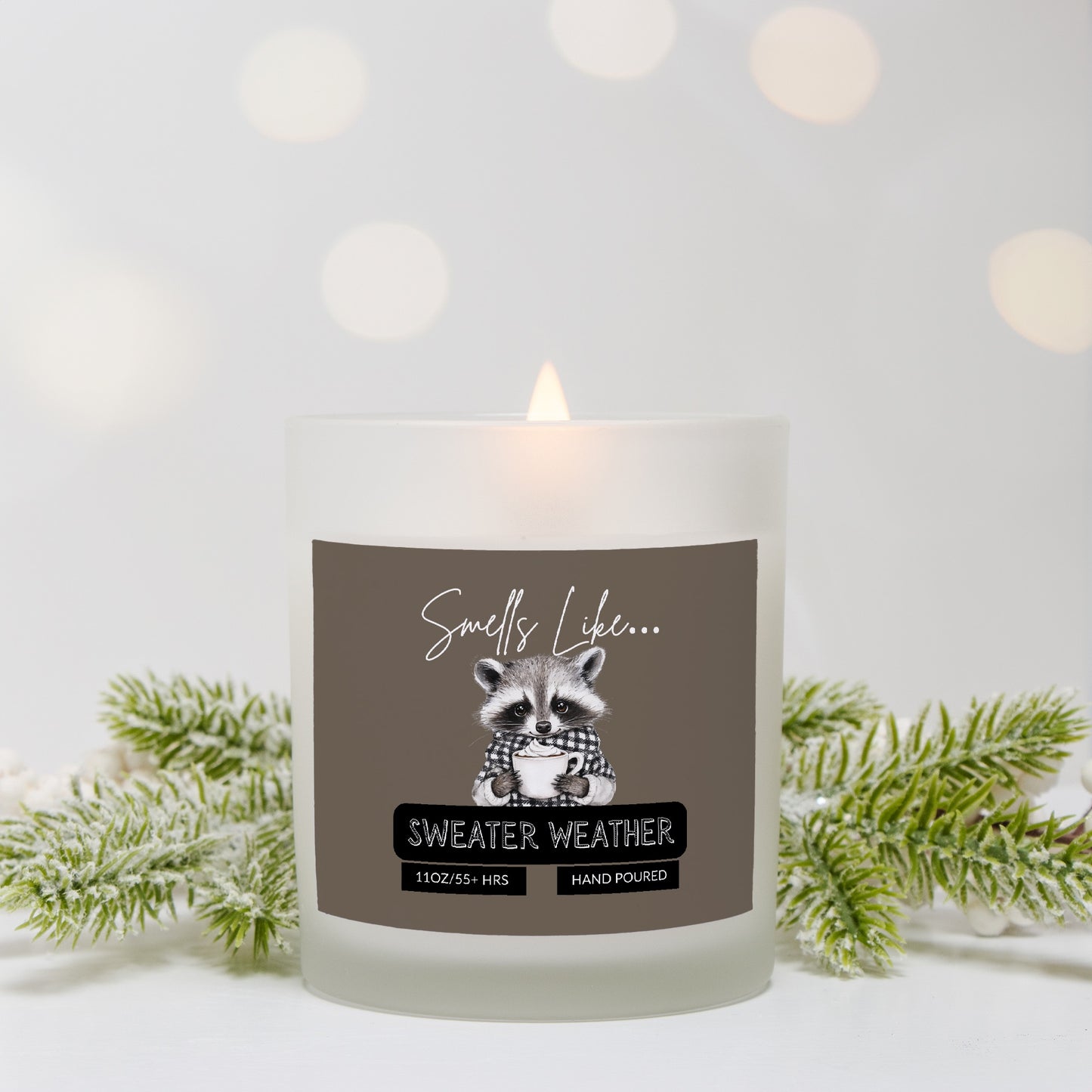 Cute Fall Racoon w/Coffee Hot Cocoa, Birthday, Houswarming, Coworker Gift, WoodWick, Bamboo Lid, 12 Scents/Frosted Glass Candle (Hand Poured 11 oz)