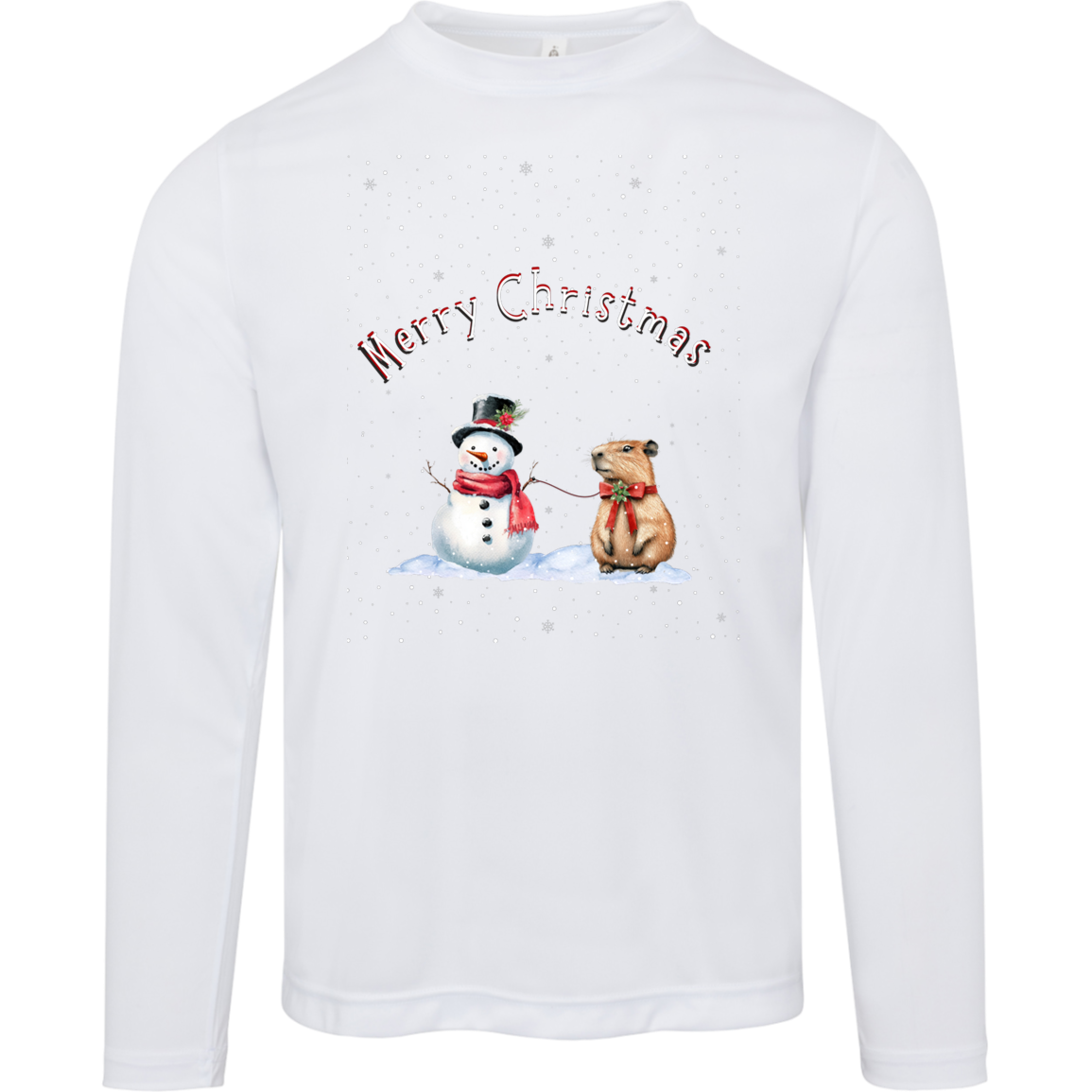 Merry Christmas Festive Snowman with Cute Capybara Ladies Long Sleeve Moisture Wicking Tee