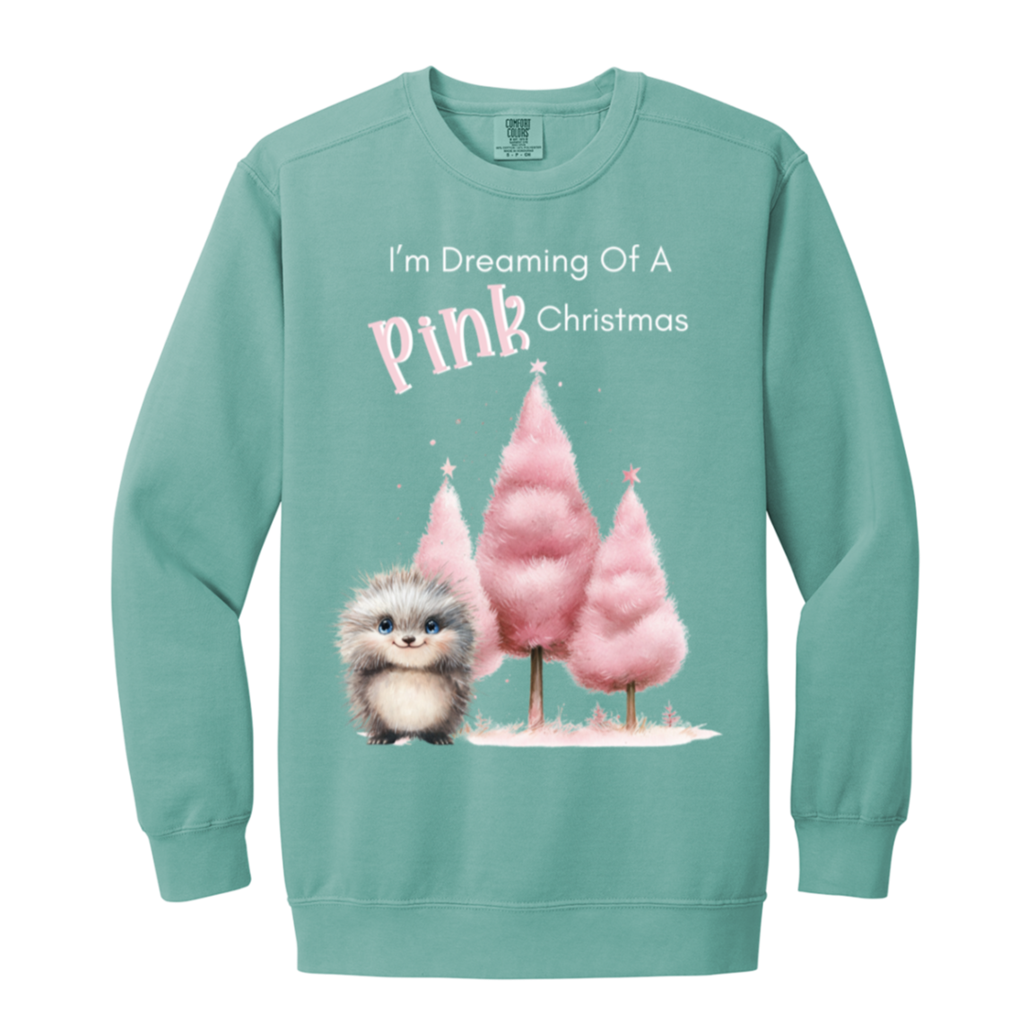 Dreaming Of A Pink Christmas, Cute Porcupine, Ladies Soft Faded Garment-Dyed Crewneck Sweatshirt
