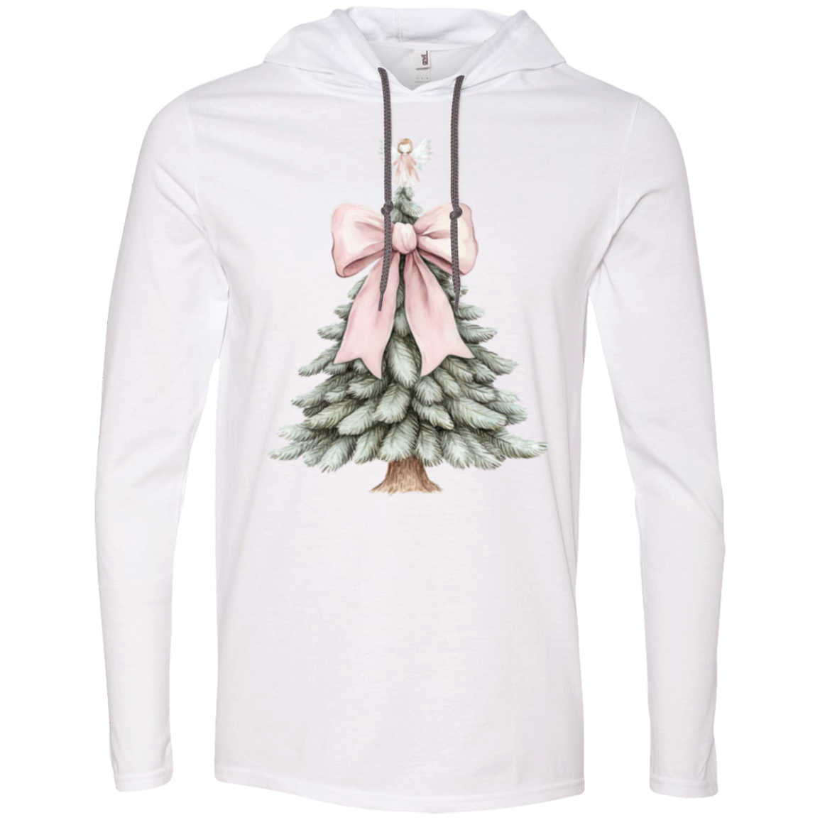 Christmas Tree Pink Bow & Angel Ladies Croquette Style LS T-Shirt Hoodie