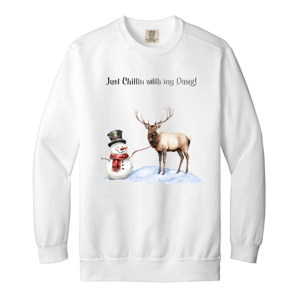 Snowman Chillin with Big Elk Reindeer Ladies Garment-Dyed Faded Crewneck Sweatshirt