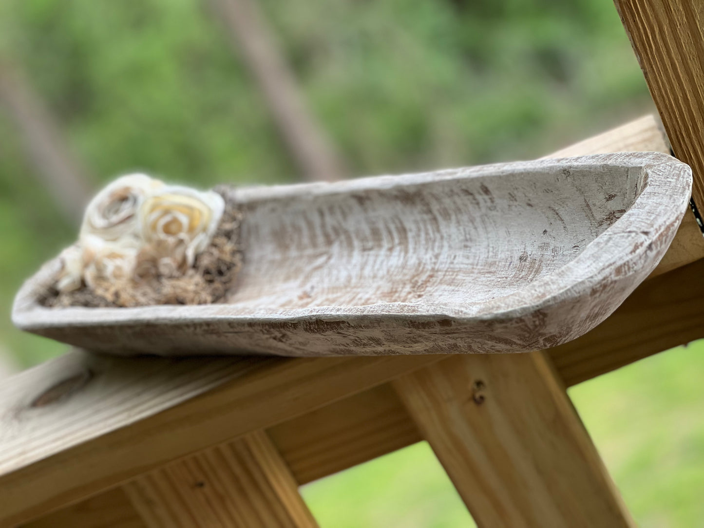 FARMHOUSE DOUGH BOWL WITH TREATED SPANISH MOSS & WOODEN FLOWERS , ANTIQUE WHITE