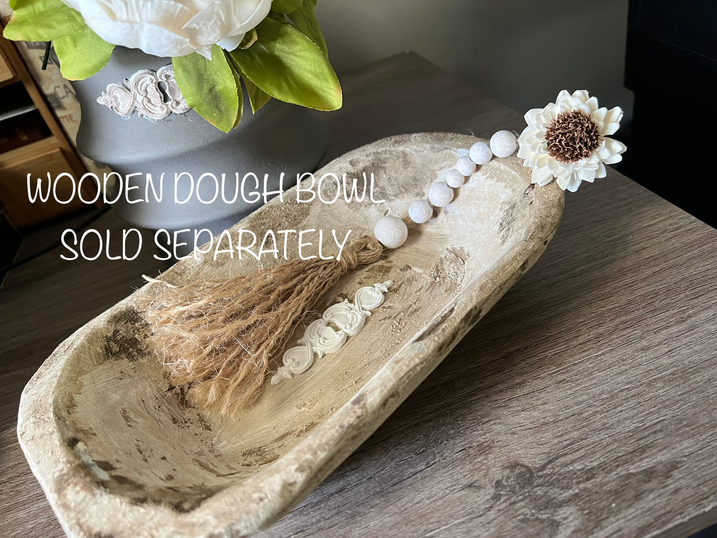 WOODEN BEADED WHITEWASHED TASSEL WITH WOODEN FLOWER EMBELLISHMENT