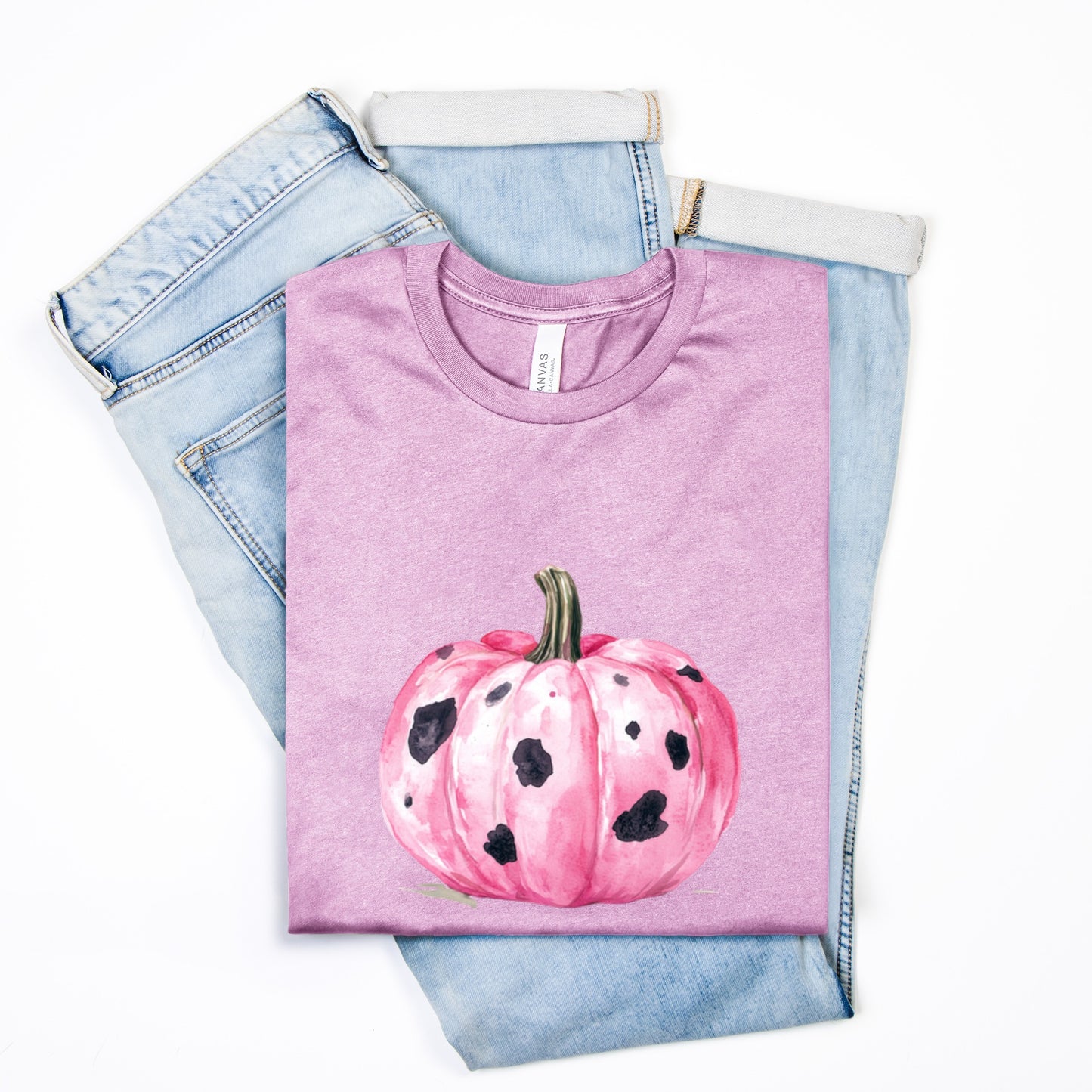 Ladies Soft Bella Canvas Cow Print Pumkin Fall Tshirt/ Multiple Color Choices