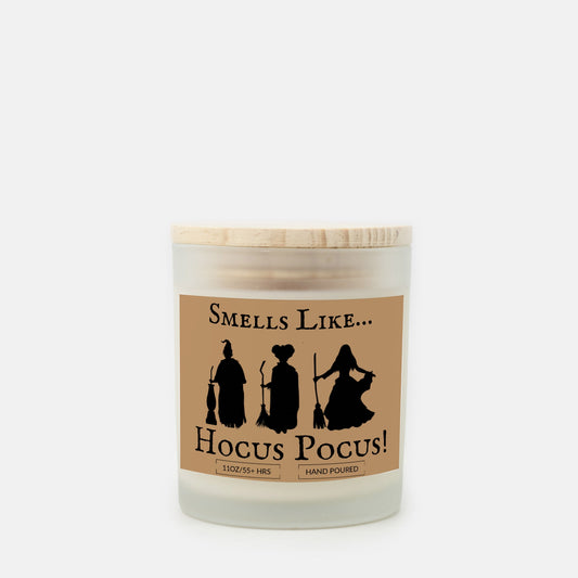 Cute Fall/Halloween Hocus Pocus Frosted Glass Wood Wick Candle/Choose your scent/ (11 oz)