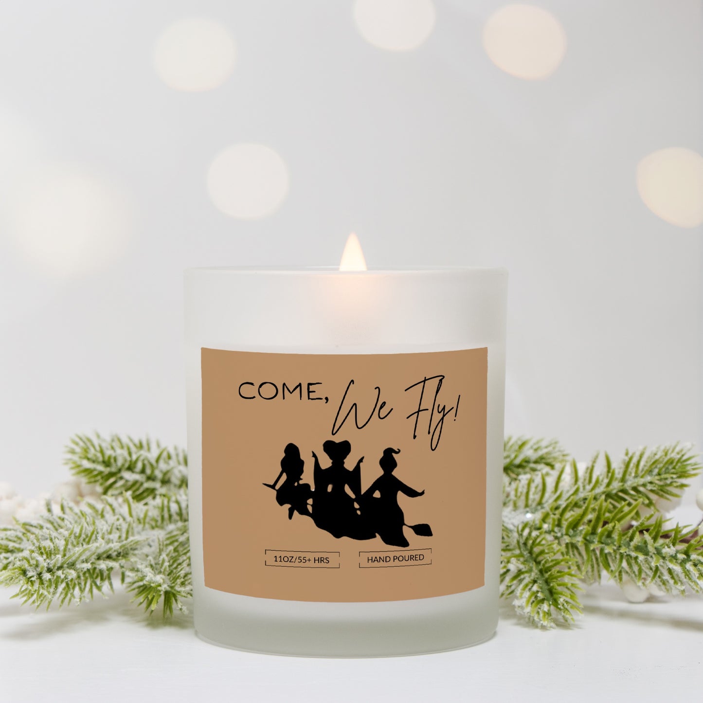 Come, We Fly/ Hocus Pocus Quote/Fun Fall/Halloween Hand Poured Frosted Glass Candle Wood Wick Bamboo Lid (11 oz)