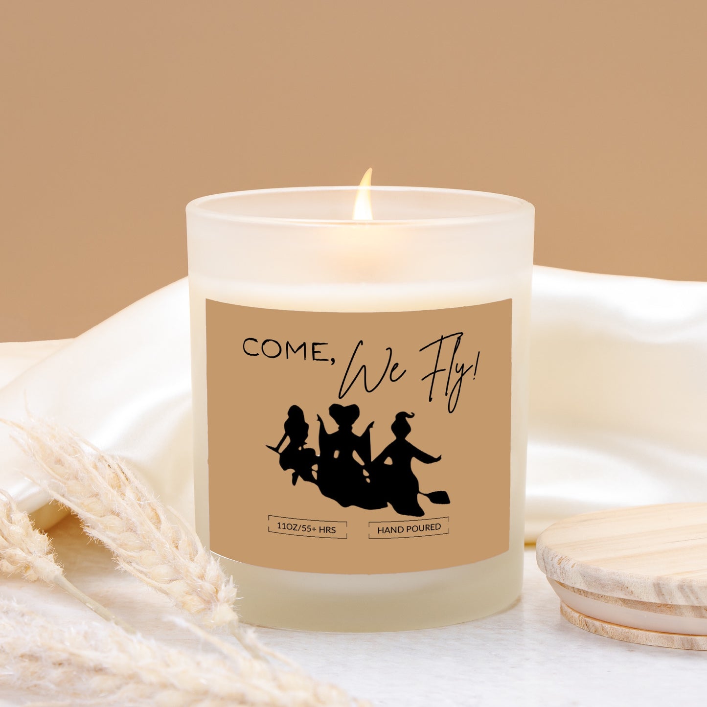 Come, We Fly/ Hocus Pocus Quote/Fun Fall/Halloween Hand Poured Frosted Glass Candle Wood Wick Bamboo Lid (11 oz)