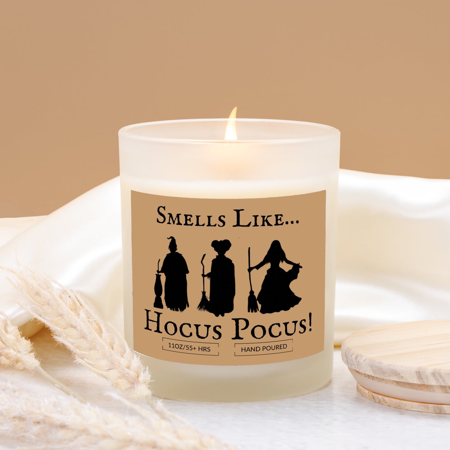 Cute Fall/Halloween Hocus Pocus Frosted Glass Wood Wick Candle/Choose your scent/ (11 oz)