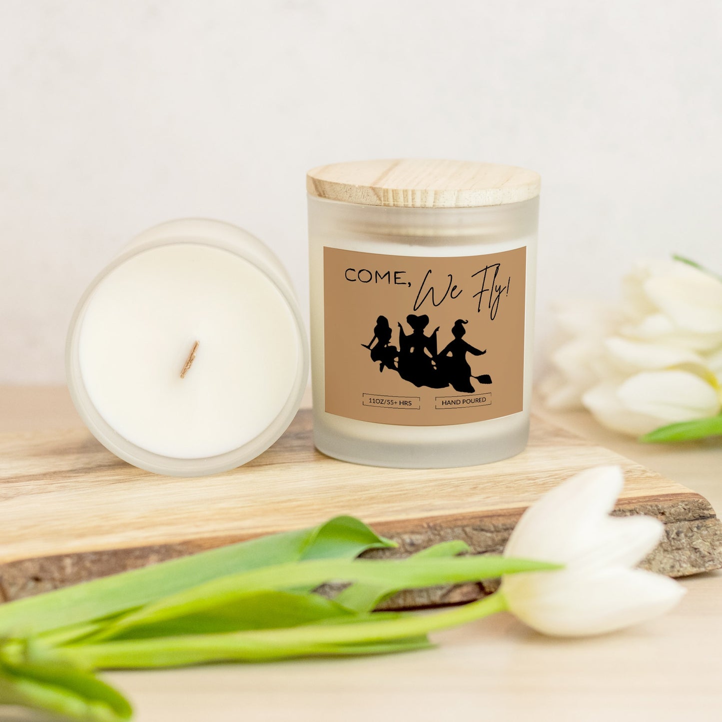 Come, We Fly/ Hocus Pocus Quote/Fun Fall/Halloween Hand Poured Frosted Glass Candle Wood Wick Bamboo Lid (11 oz)