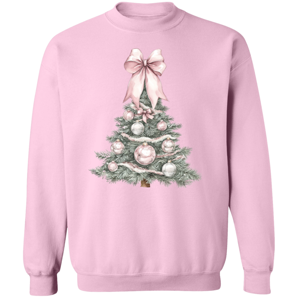 Ladies Cute Croquette Style Pink Bow Christmas Tree Sweatshirt