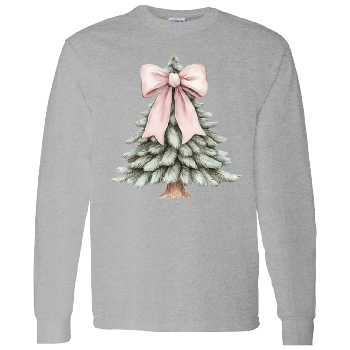 Ladies Croquette Pink Bow Christmas Tree Long Sleeve Cozy Tshirt