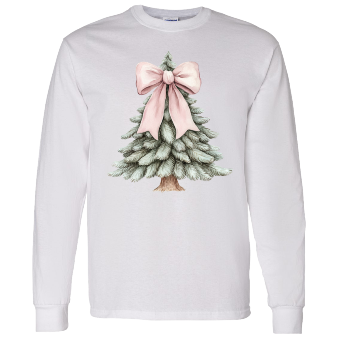 Ladies Croquette Pink Bow Christmas Tree Long Sleeve Cozy Tshirt