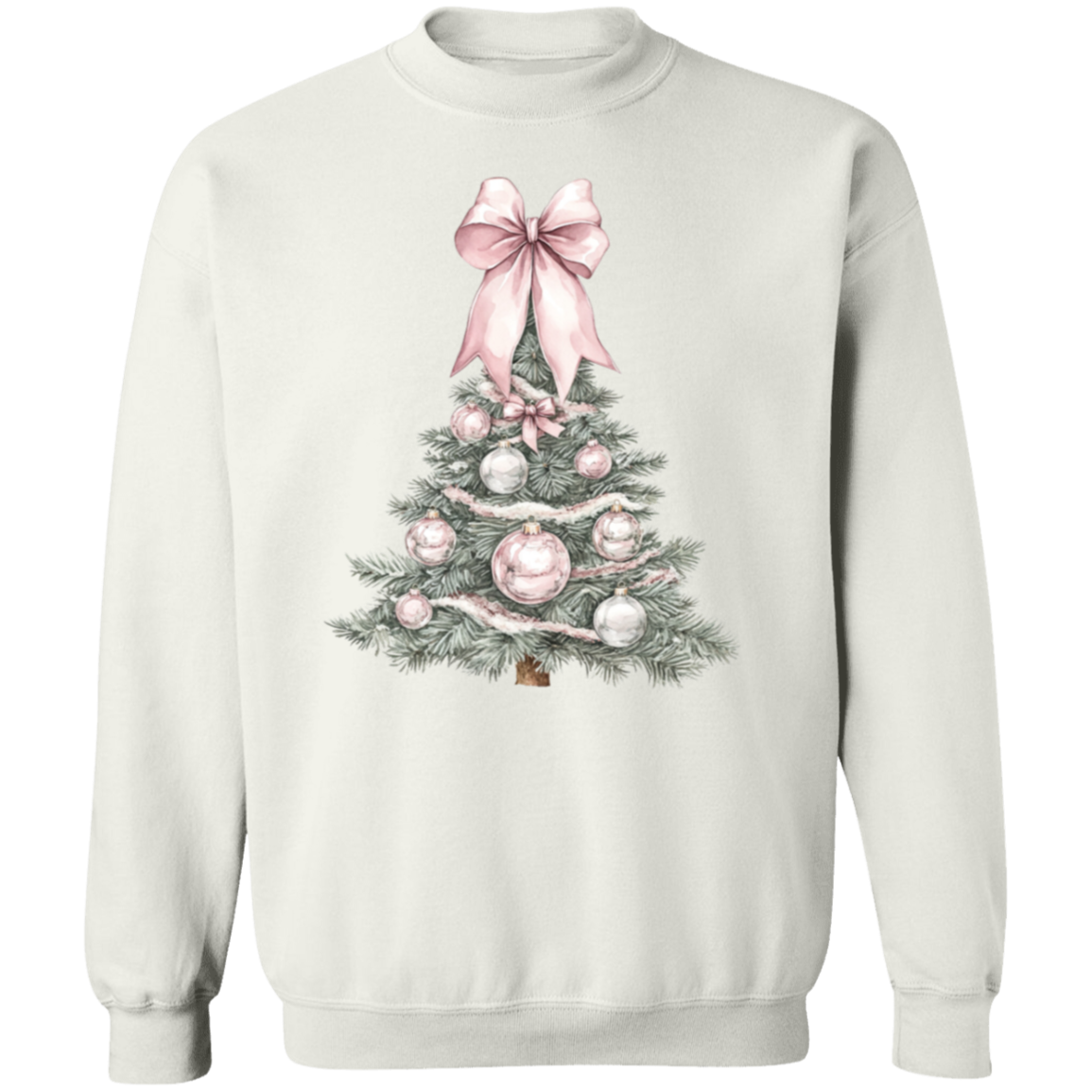 Ladies Cute Croquette Style Pink Bow Christmas Tree Sweatshirt