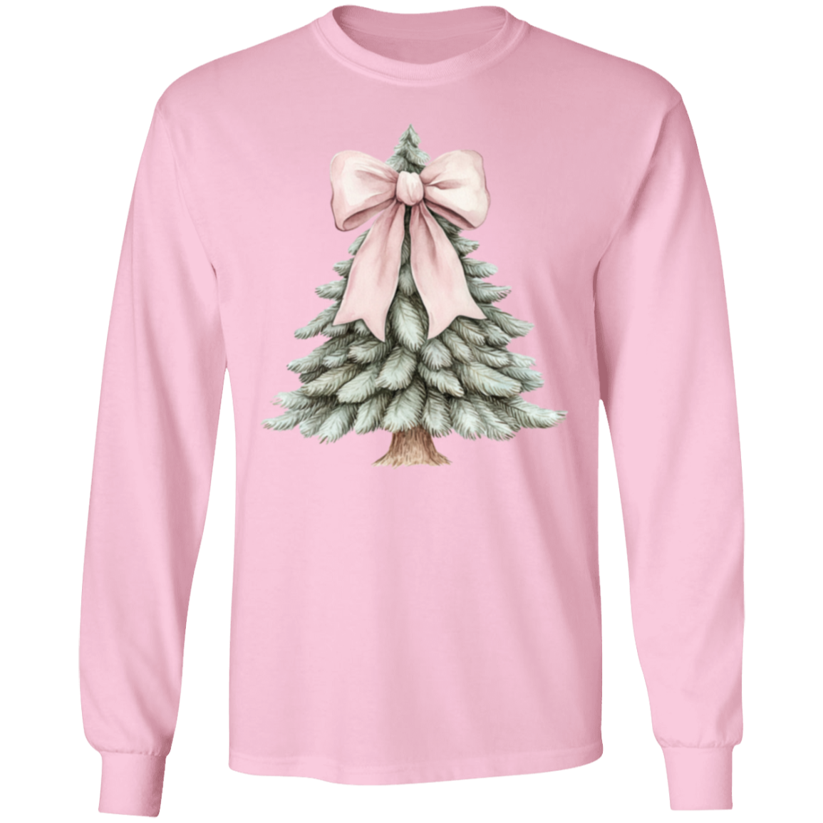 Ladies Croquette Pink Bow Christmas Tree Long Sleeve Cozy Tshirt