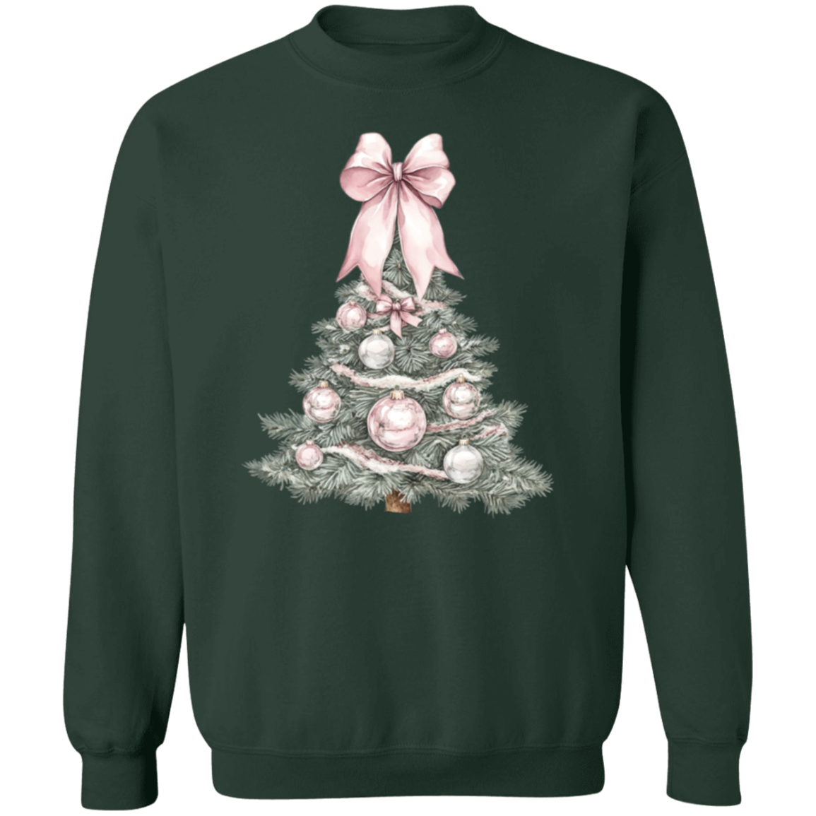 Ladies Cute Croquette Style Pink Bow Christmas Tree Sweatshirt