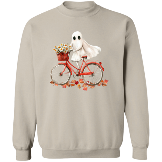 Cute Ghost on Vintage Bicycle Daisies/ Fall Pullover Sweatshirt in Cool Autumn Colors
