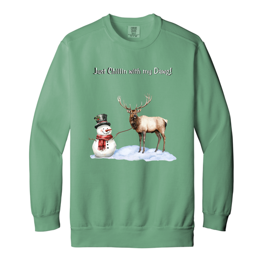 Snowman Chillin with Big Elk Reindeer Ladies Garment-Dyed Faded Crewneck Sweatshirt