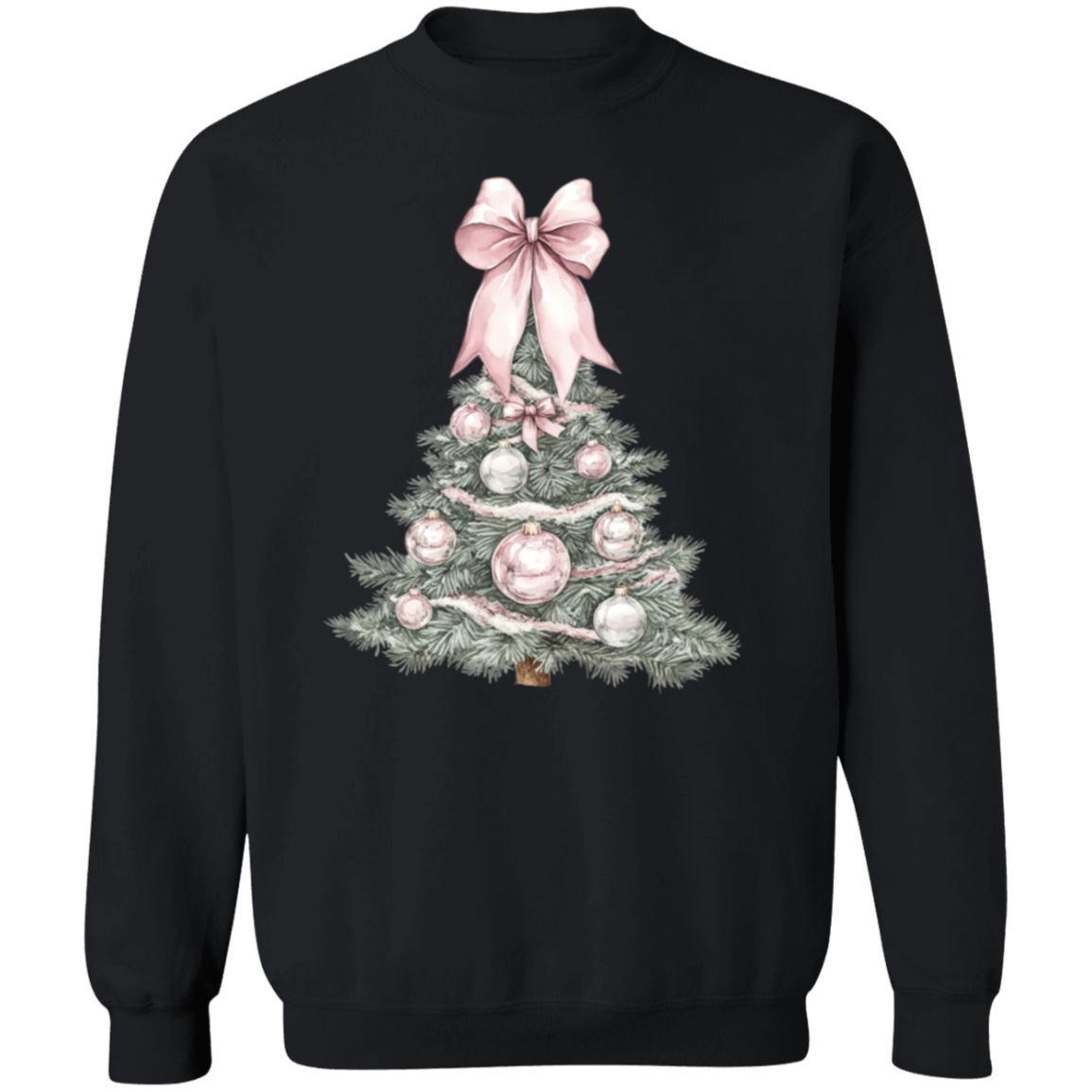 Ladies Cute Croquette Style Pink Bow Christmas Tree Sweatshirt