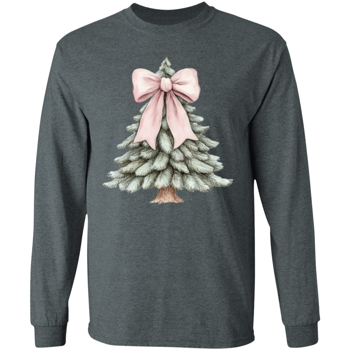 Ladies Croquette Pink Bow Christmas Tree Long Sleeve Cozy Tshirt