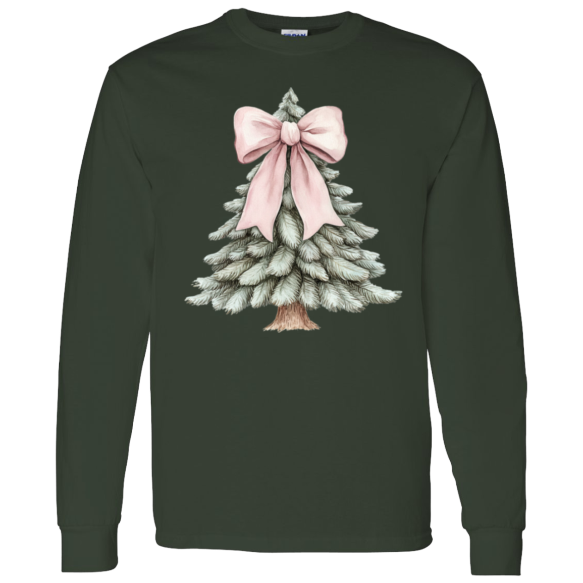 Ladies Croquette Pink Bow Christmas Tree Long Sleeve Cozy Tshirt