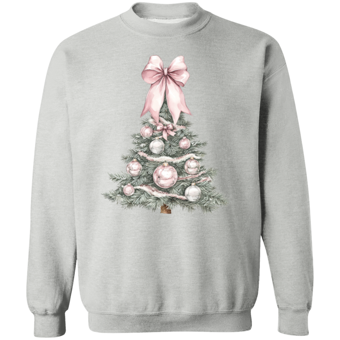 Ladies Cute Croquette Style Pink Bow Christmas Tree Sweatshirt