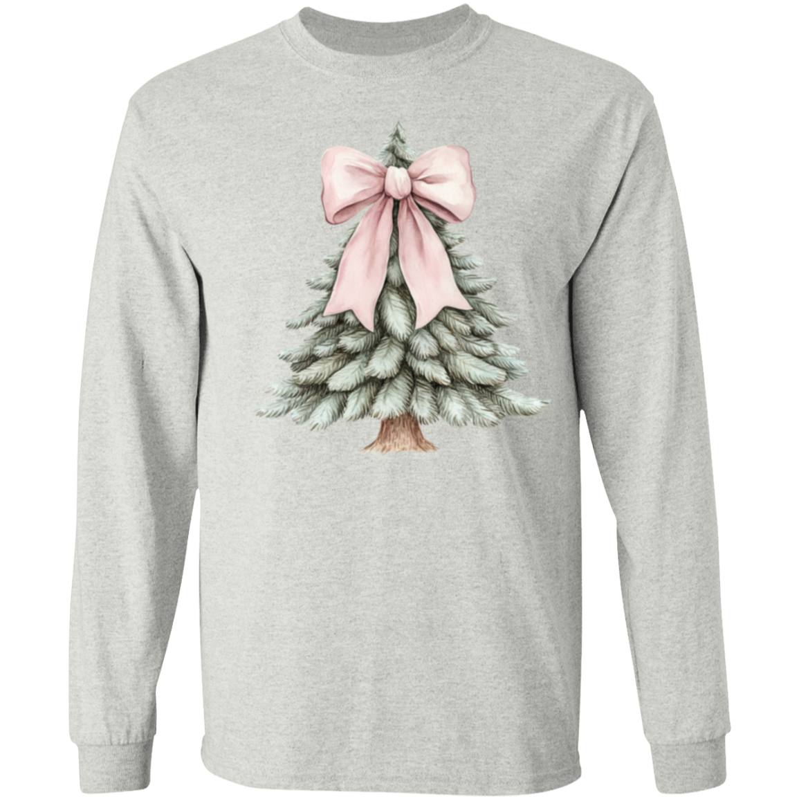 Ladies Croquette Pink Bow Christmas Tree Long Sleeve Cozy Tshirt