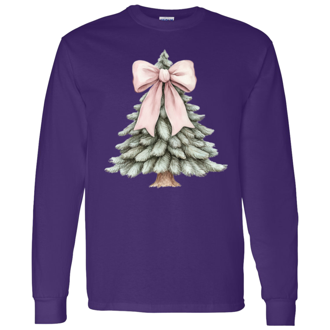 Ladies Croquette Pink Bow Christmas Tree Long Sleeve Cozy Tshirt