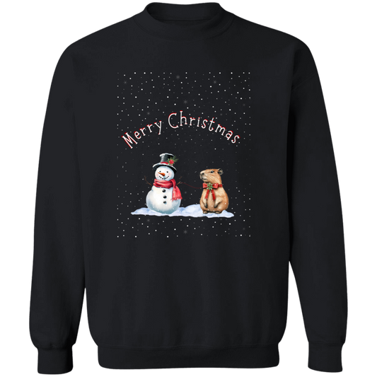 Merry Christmas Jolly Snowman walking a Capybara Ladies Cozy Sweatshirt