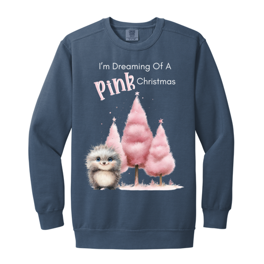 Dreaming Of A Pink Christmas, Cute Porcupine, Ladies Soft Faded Garment-Dyed Crewneck Sweatshirt