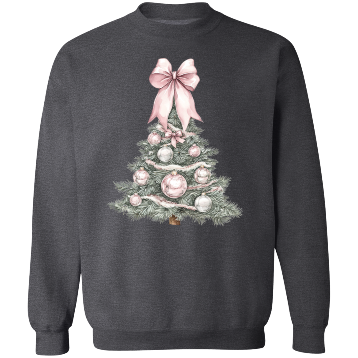 Ladies Cute Croquette Style Pink Bow Christmas Tree Sweatshirt