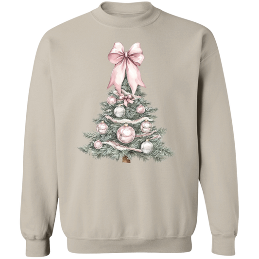 Ladies Cute Croquette Style Pink Bow Christmas Tree Sweatshirt