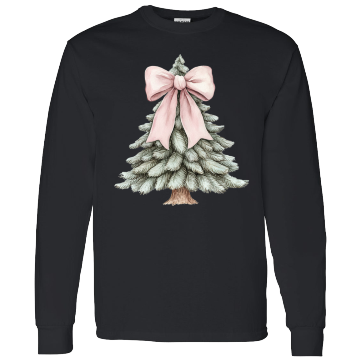 Ladies Croquette Pink Bow Christmas Tree Long Sleeve Cozy Tshirt