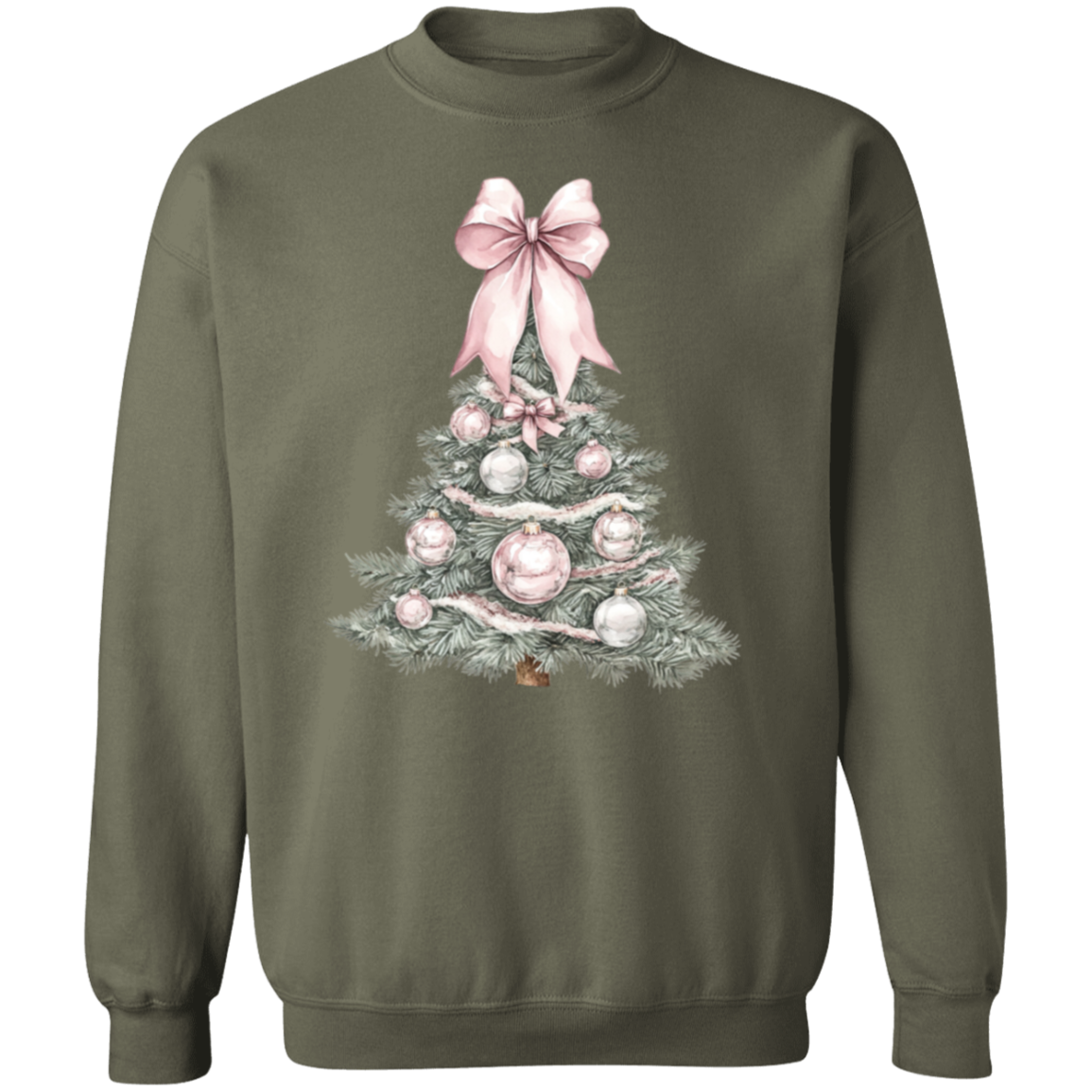 Ladies Cute Croquette Style Pink Bow Christmas Tree Sweatshirt