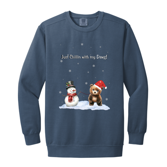 Just Chillin Cute Snowman walking Bear Cub ,Dyed Faded Ladies Crewneck Sweatshirt