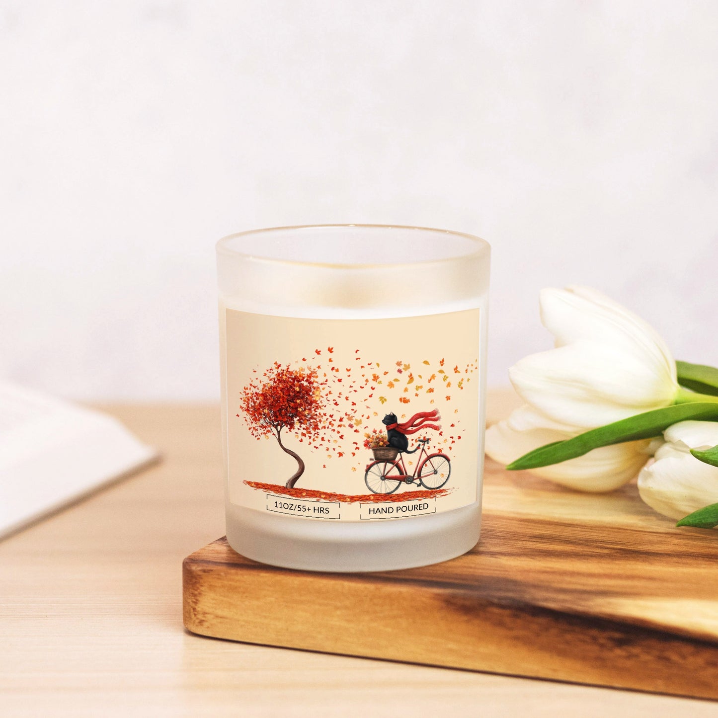 Adorable Fall Black Cat Falling Leaves Frosted Glass Candle/Bamboo Lid, Wood Wick  (Hand Poured 11 oz)