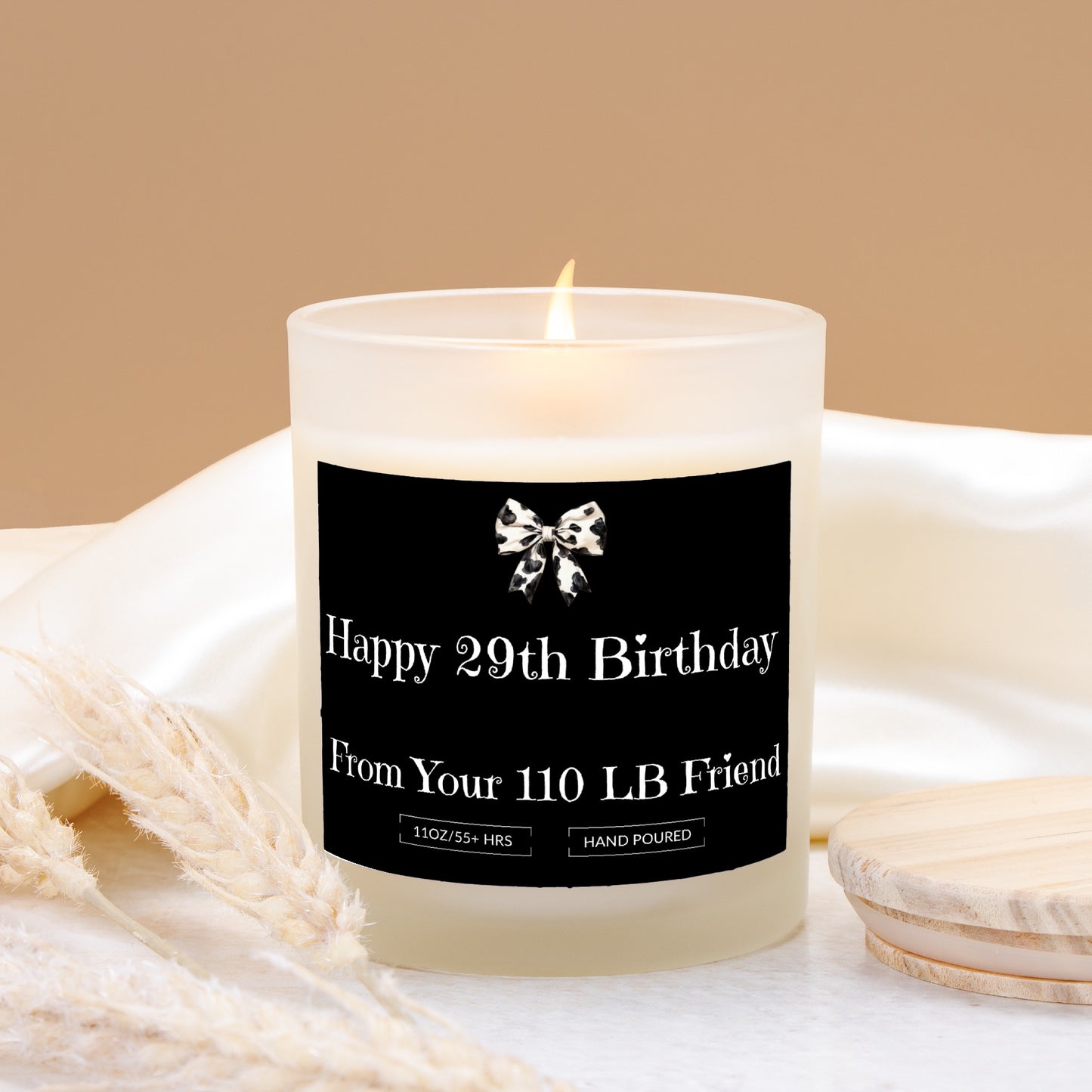 Funny Birthday For Her, Happy 29th, 11oz Hand Poured Frosted Glass with Bamboo Lid, Woodwick Soy Wax Candle