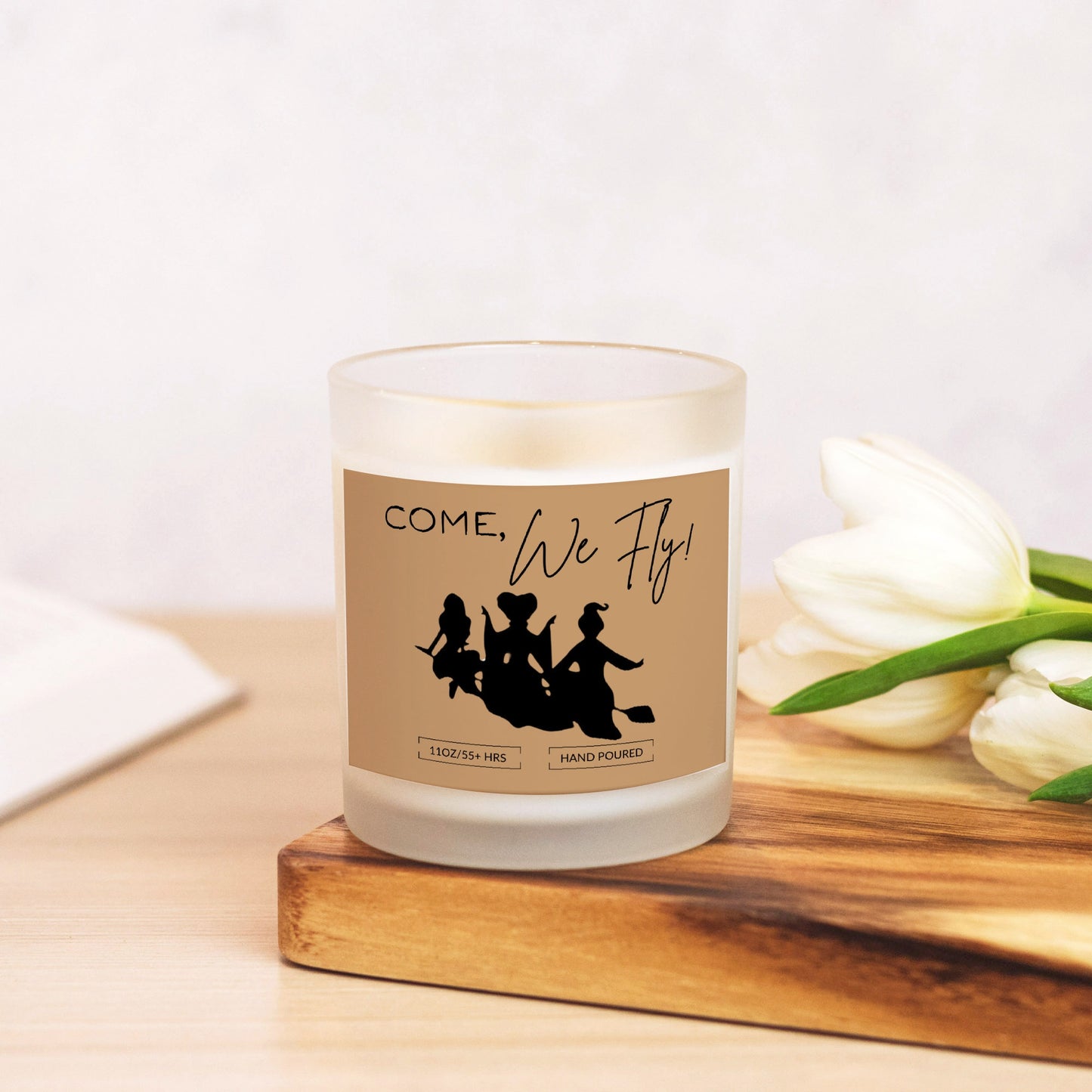 Come, We Fly/ Hocus Pocus Quote/Fun Fall/Halloween Hand Poured Frosted Glass Candle Wood Wick Bamboo Lid (11 oz)